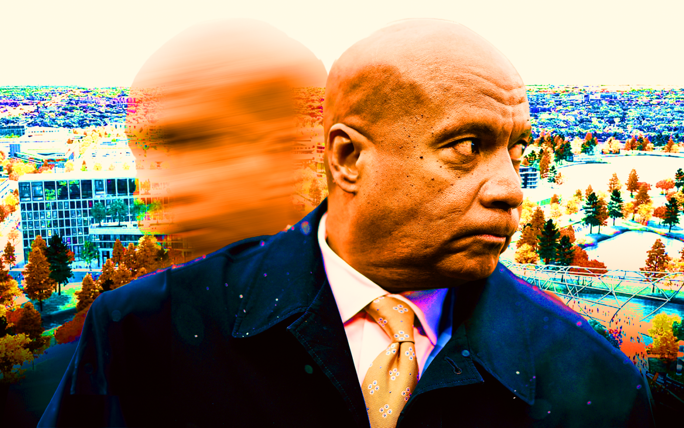 <p>A photo illustration of Chicago Bears president Kevin Warren along with a rendering of the Chicago Bears&#8217; planned development in Arlington Heights (Getty, Chicago Bears)</p>
