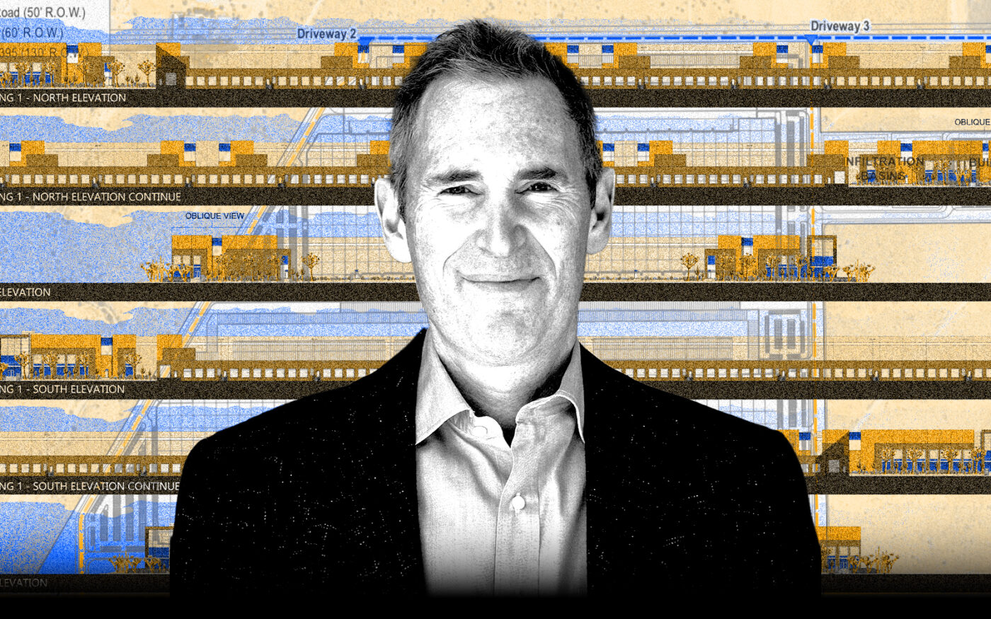 <p>A photo illustration of Amazon CEO Andy Jassy along with renderings of the approved warehouse in Hesperia (Getty, Amazon, FEIR Hesperia Commerce Center II Project)</p>
