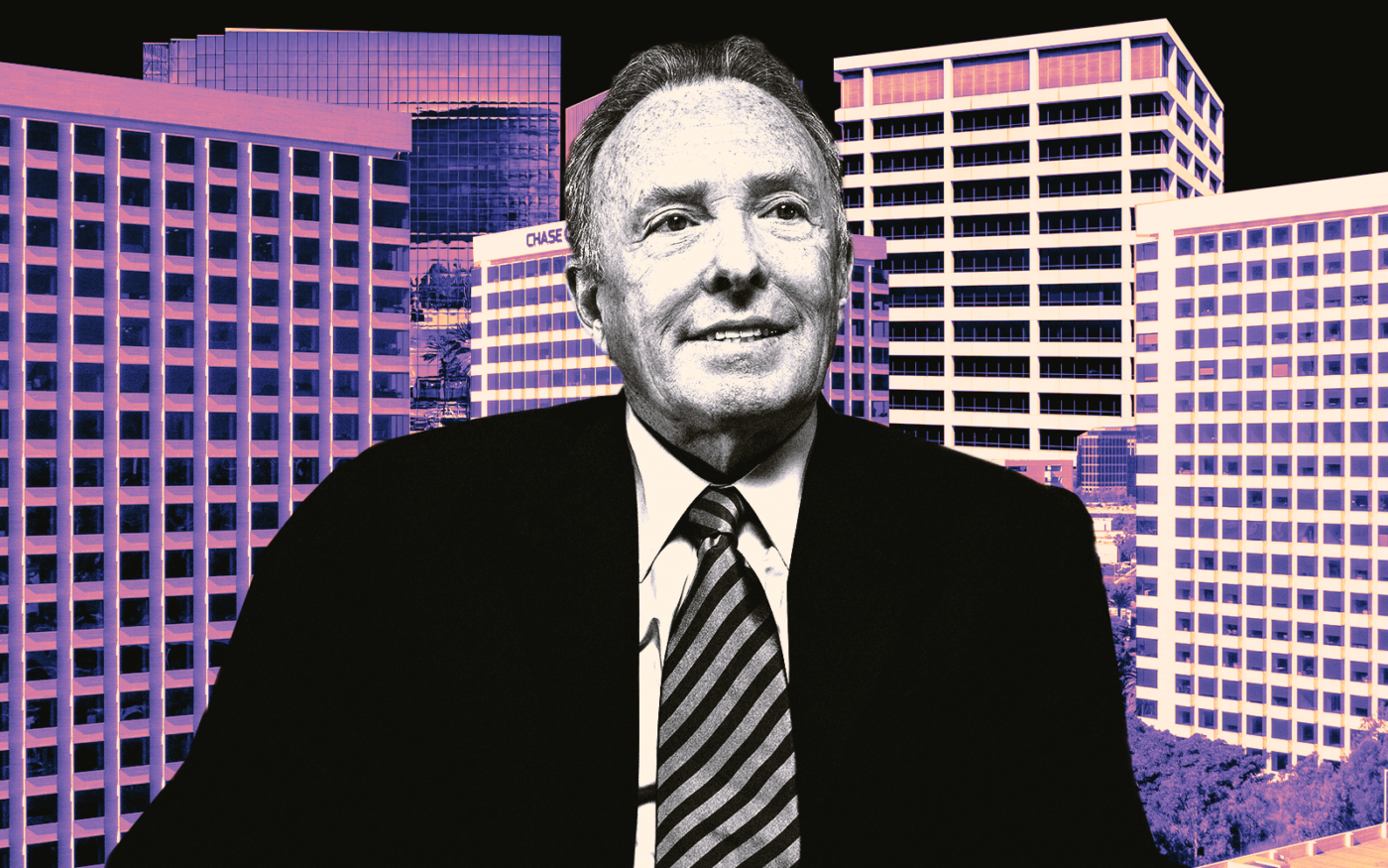 A photo illustration of Irvine Company chairman and owner Donald Bren along with Jamboree Center at 5 Park Plaza, Irvine Business Center at 7505-95 Irvine Center Drive, Pacific Arts Plaza at 675 Anton Boulevard in Irvine and the Newport Center at 660-680 Newport Center Drive in Newport Beach (Getty, Irvine Company, Google Maps, LoopNet)