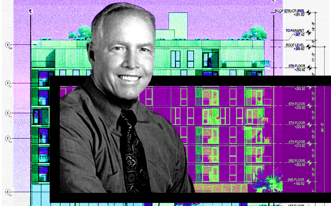 <p>A photo illustration of Hankey Capital chairman Don Hankey along with renderings of 2901 West Santa Monica Boulevard in Santa Monica (Getty, Hankey Capital, Ottinger Architects)</p>
