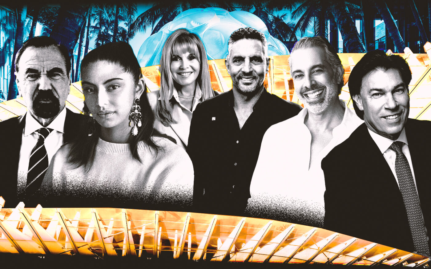 <p>A photo illustration of Jorge Perez, Arushi Kapoor, Mayi de la Vega, Mauricio Umansky, Eloy Carmenate and Edgardo Defortuna along with photos of the Pearl Jam installation at Art Basel Miami Beach 2024 (Getty, Related Group, Fortune International Group, Gnazzo Group)</p>
