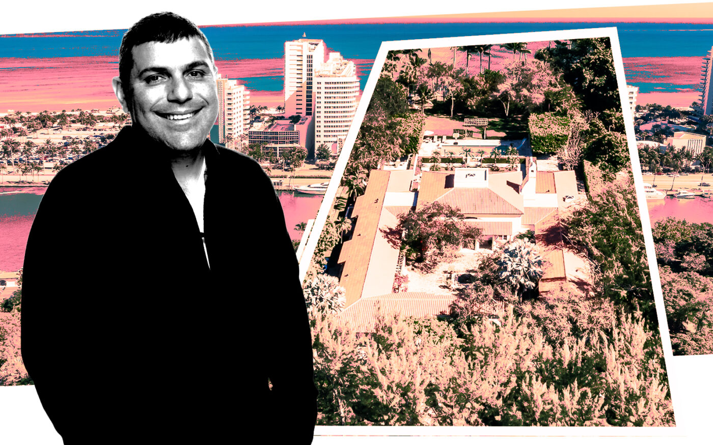 <p>A photo illustration of billionaire Teddy Sagi along with an aerial view of the mansion at 4521 Pine Tree Drive in Miami Beach (Getty, Jorge Chao of Glossylab)</p>
