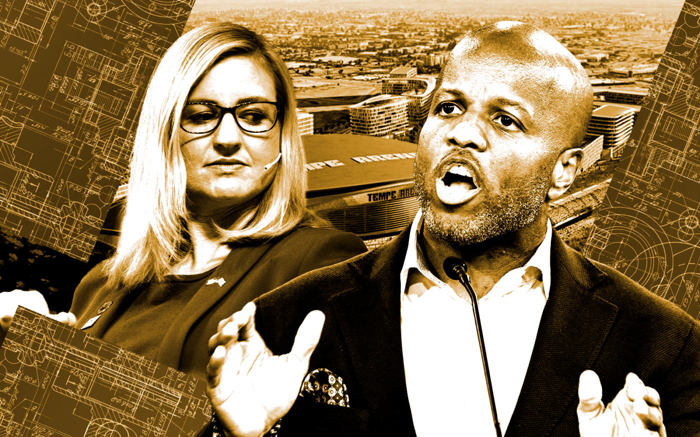 <p>A photo illustration of Phoenix Mayor Kate Gallego and Tempe Mayor Corey Woods along with a rendering of the rejected proposed mixed-use development for the now-defunct Arizona Coyotes at 1001 North Rio Road (Getty, Arizona Coyotes)</p>
