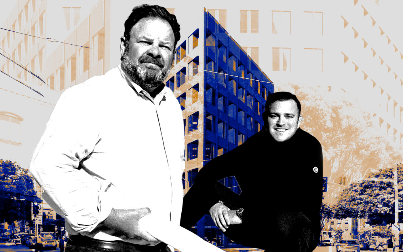 <p>A photo illustration of Brick &#038; Timber Collective’s Glenn Gilmore and Jesse Feldman along with 500 Washington Street (Getty, Brick &#038; Timber Collective, LoopNet)</p>
