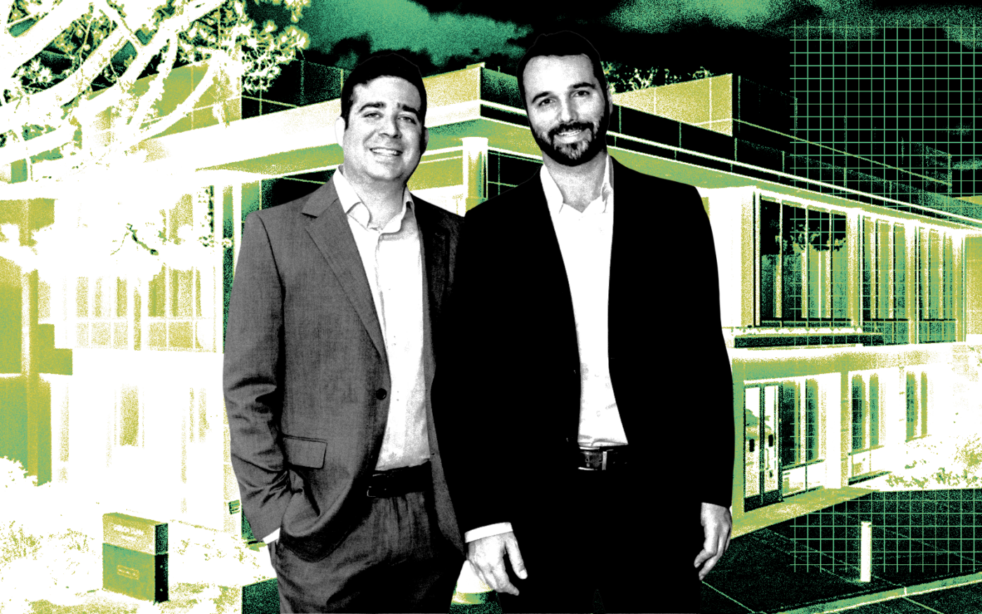 <p>A photo illustration of Industrious co-founders Jamie Hodari and Justin Stewart along with 1881 Page Mill Road in Palo Alto here (Getty, Industrious)</p>
