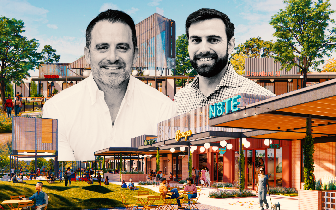 <p>A photo illustration of Radom Capital’s Steve Radom and MetroNational’s Jason Johnson along with a rendering of the planned development at 1085 Gessner Road (Getty, Radom Capital, MetroNational, LoopNet)</p>
