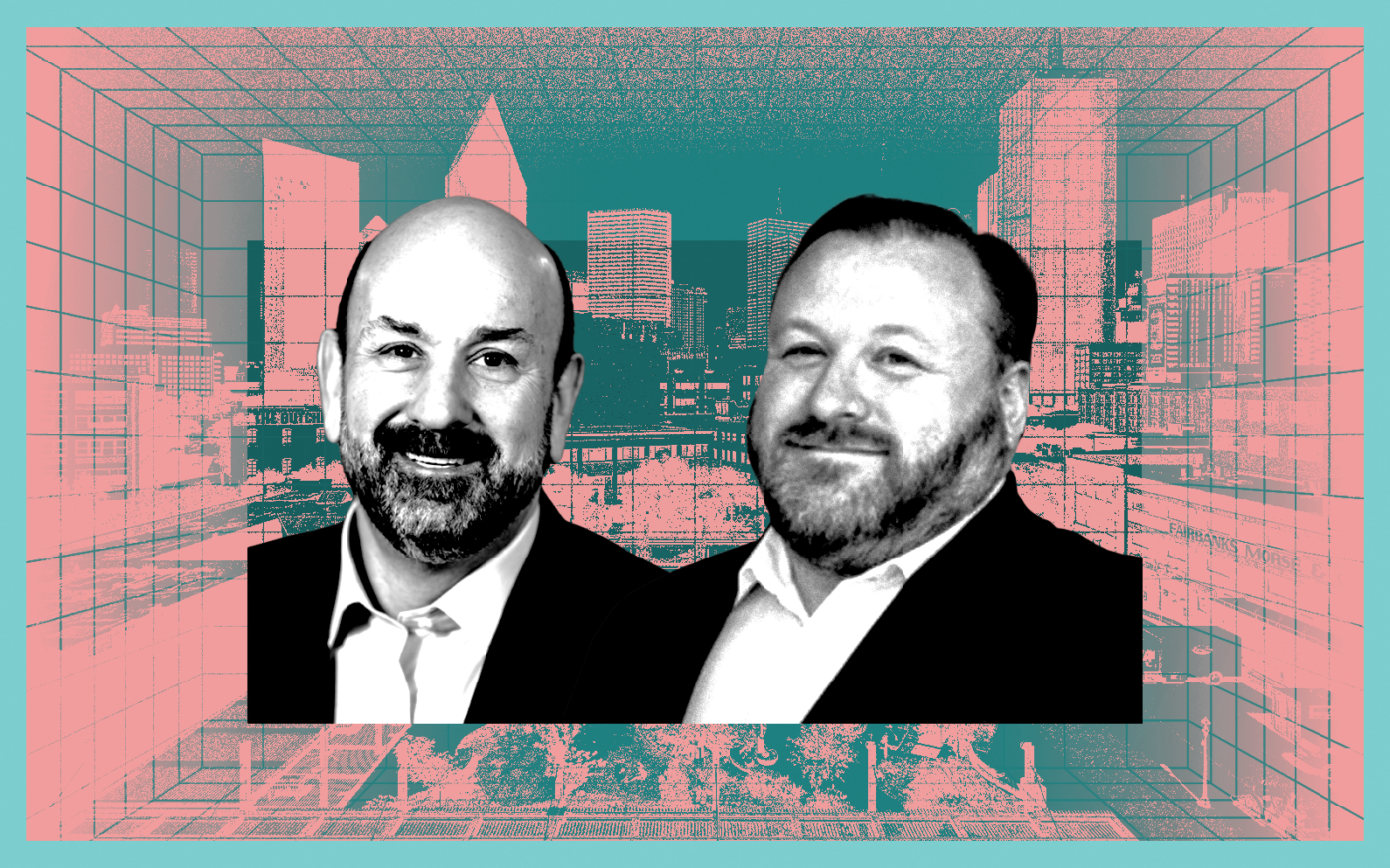 <p>A photo illustration of Hunt Capital Partners’ Jeff Weiss and Sycamore Development’s Zach Krochtengel along with an aerial view of the West End Square in Dallas (Getty, Hunt Capital Partners, Sycamore Development, Field Operations)</p>
