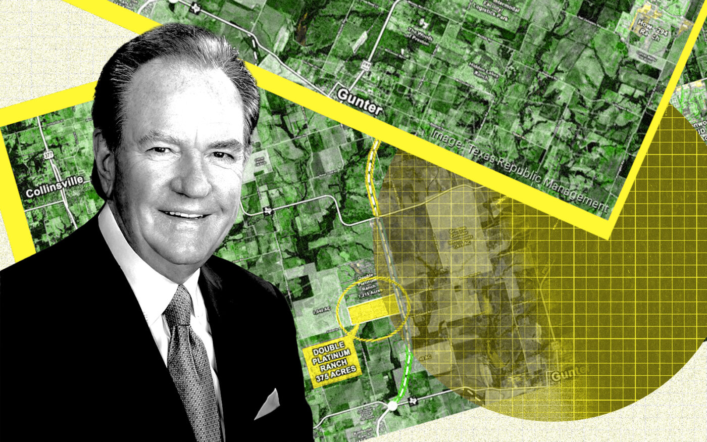 <p>A photo illustration of Texas Republic Management’s Ben Weber Jr. along with an aerial view of the planned Dallas North Tollway extension in Grayson County, northwest of Gunter (Getty, Texas Republic Management)</p>
