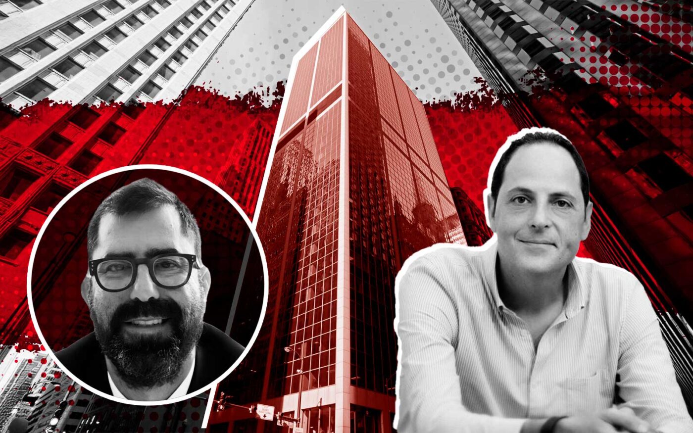 One William Street Capital's David Sherr and Accesso Partners' Moises Benzaquen with 20 N Clark Street in Chicago (One William Street Capital, LinkedIn, Loopnet)