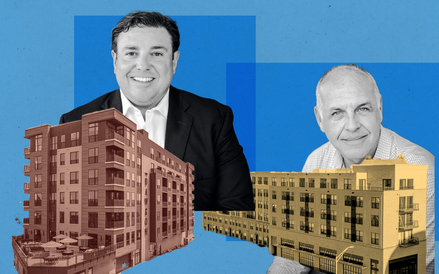 Wingspan Development Group's Nick Papanicholas with the Dawson at 235 East Prospect Avenue; T2 Capital Management's Tom Lowe with the HQ Residences at 122 East Northwest Highway (Getty, livehqresidences, t2investments, liveatthedawson, wingspandev)