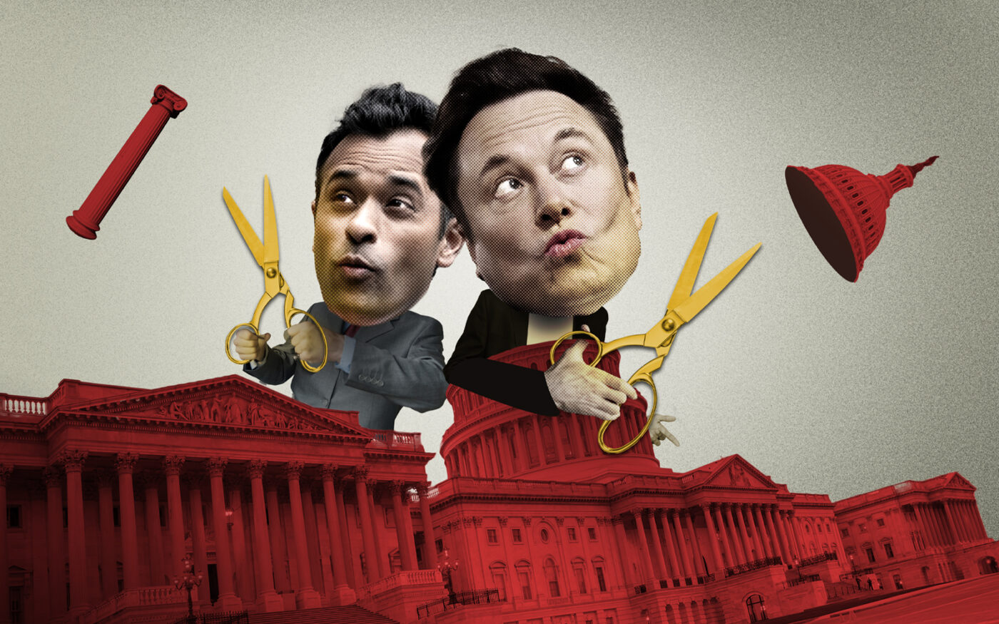 Elon Musk (right) and Vivek Ramaswamy (Photo-Illustration by Paul Dilakian/The Real Deal)