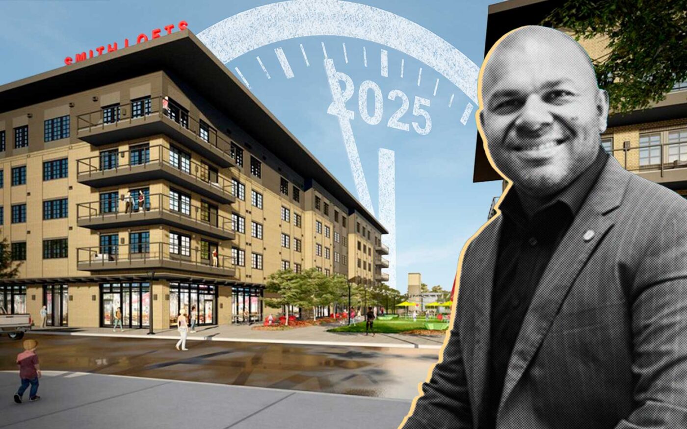 Hoque Global's Mike Hoque and a rendering of the proposed project at Smith and Elm in Mansfield (Hoque Global, Getty)