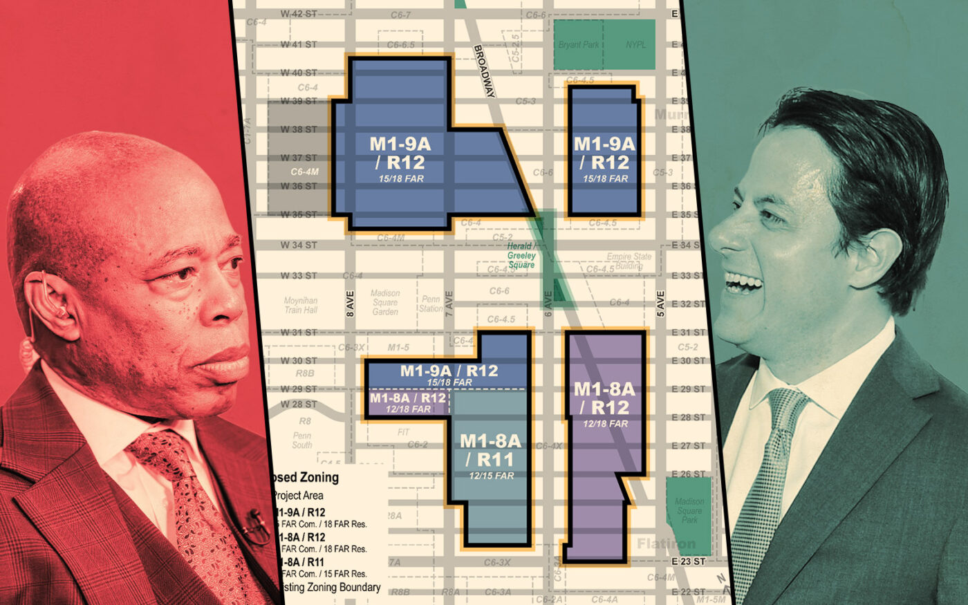 Mayor Eric Adams, Department of City Planning's Dan Garodnick; map of Midtown South rezoning (Getty, NYC.gov)