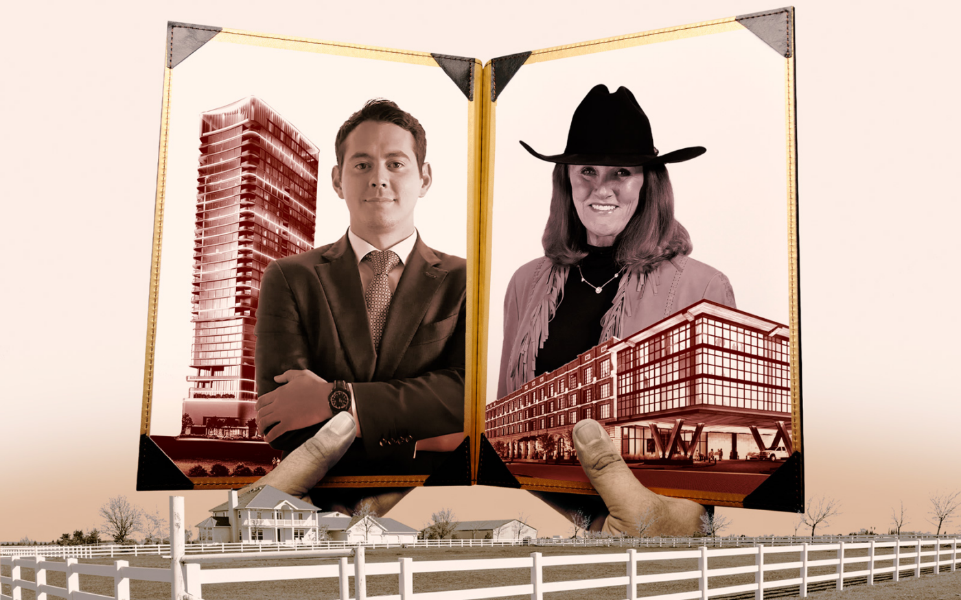 DC Partners’ Roberto Contreras IV with The Allen (left), and Jo Ellard with the Bowie House Hotel (Photo-illustration by Kevin Rebong/The Real Deal; Getty Images, DC Partners, EE Ranches)