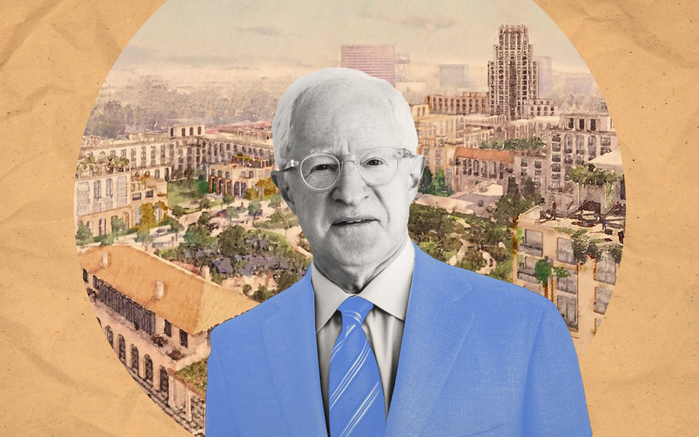 Related California’s William A. Witte with a rendering of $3 billion mixed-use development project — the Bristol (Photo-Illustration by Kevin Cifuentes/The Real Deal; Getty Images, Related California)