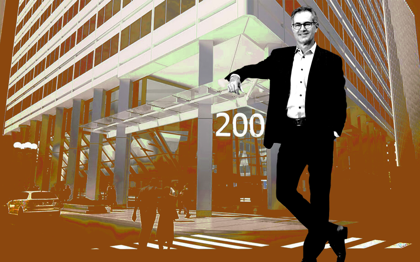 A photo illustration of Glenstar's Michael Klein of Glenstar along with a rendering of 200 South Wacker Drive (Getty, Glenstar)