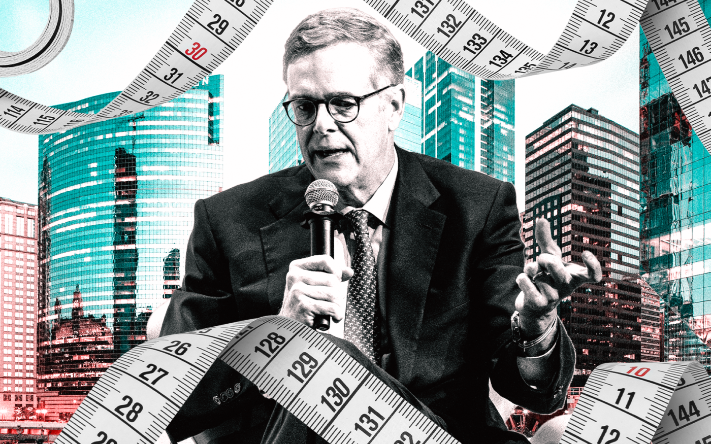 <p>Neuberger Berman chairman and CEO George Walker along with 191 North Wacker Drive (Photo Illustration by Steven Dilakian for The Real Deal with Getty and Transwestern)</p>
