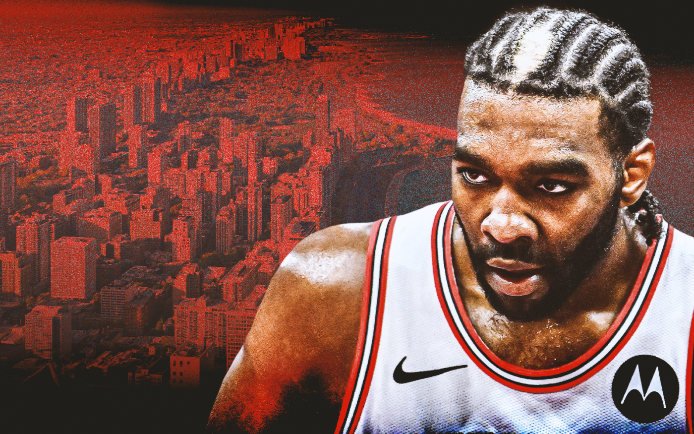 A photo illustration of Chicago Bulls forward Patrick Williams along with an aerial view of Chicago's Gold Coast neighborhood (Getty)