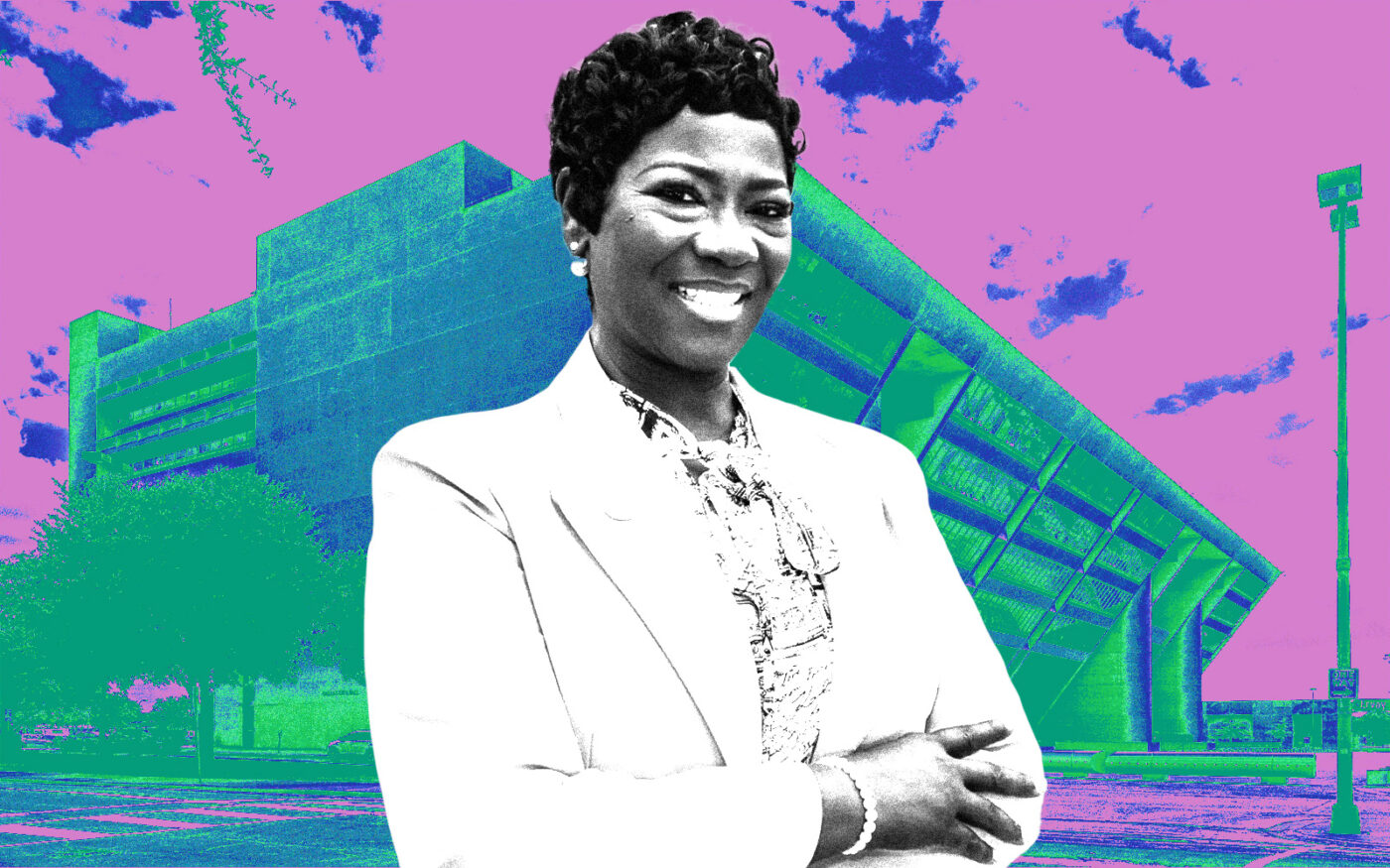 <p>A photo illustration of Kimberly Bizor Tolbert along with Dallas City Hall at 1500 Marilla Street in Dallas (City of Dallas, By Carol M. Highsmith &#8211; Library of CongressCatalog &#8211; Public Domain &#8211; via Wikimedia Commons)</p>
