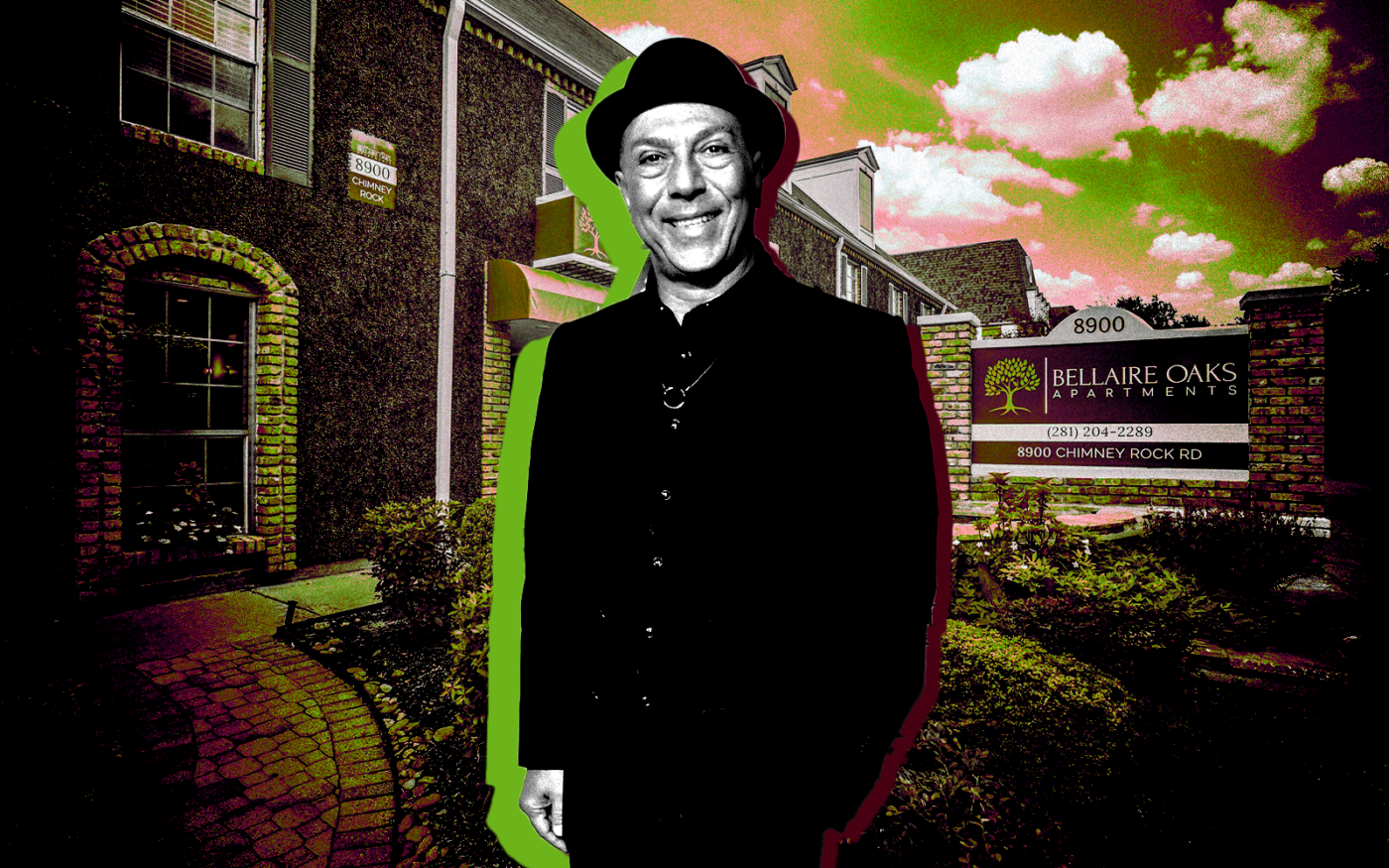 A photo illustration of Omninet CEO Neil Kadisha along with the Bellaire Oaks Apartments in Houston (Getty, LoopNet) 