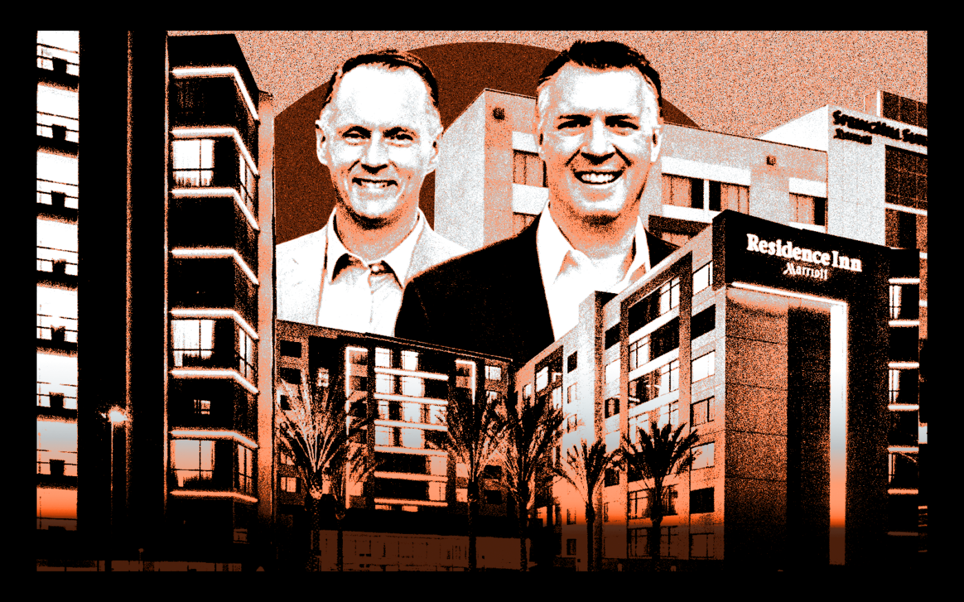 <p>A photo illustration of Dynamic City Capital owners Joel Sybrowsky and Cory Turner along with the Residence Inn at 640 West Katella Avenue and the SpringHill Suites at 1801 South Harbor Boulevard in Anaheim (Getty, Dynamic City Capital, LoopNet)</p>
