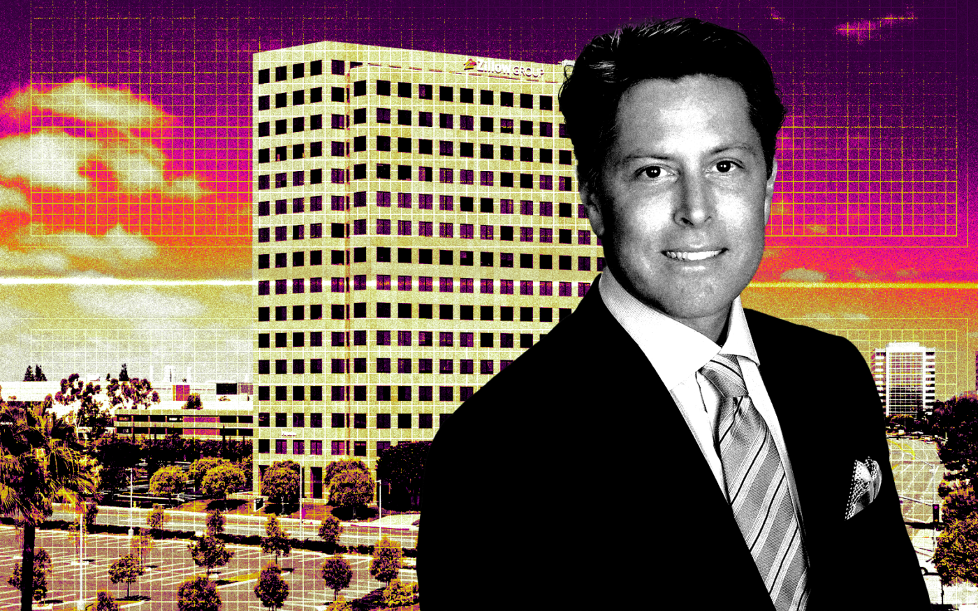 <p>A photo illustration of Gaines Investment Trust president Jeff Gaines along with 2600 Michelson Drive in Irvine (Getty, LoopNet, Gaines Investment Trust)</p>
