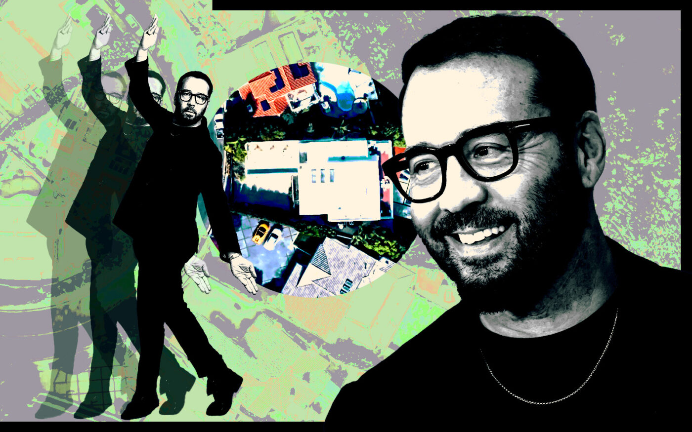 <p>Jeremy Piven along with an aerial view of 2008 Hercules Drive in Hollywood Hills (Photo Illustration by Steven Dilakian for The Real Deal with Getty and Google Maps)</p>
