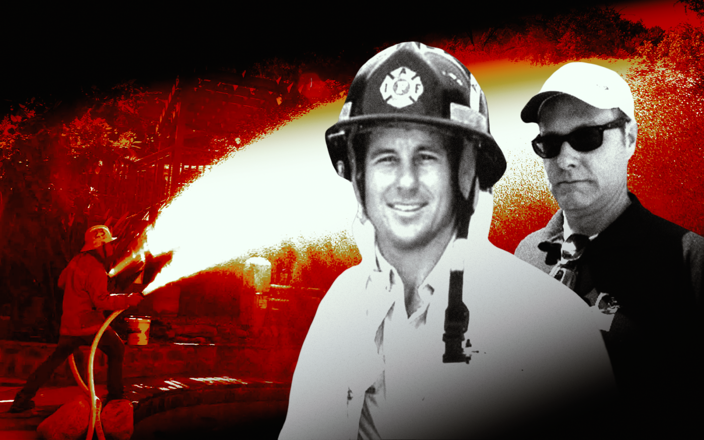 <p>A photo illustration of FireHoseDirect owner Barry McConaghey and Brushfire Battle Systems owner David Whitman along with a photo demonstrating a personal hydrant in use (Getty, LinkedIn/Barry McConaghey, LinkedIn/David Whitman, Brushfire Battle Systems)</p>
