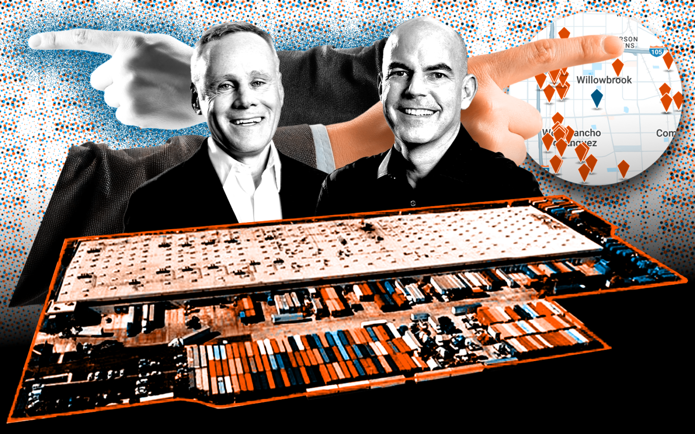 <p>A photo illustration of Rexford Industrial Realty co-CEOs Michael Frankel and Howard Schwimmer along with 2501 West Rosecrans Avenue in Compton (Getty, LoopNet, Rexford Industrial Realty)</p>
