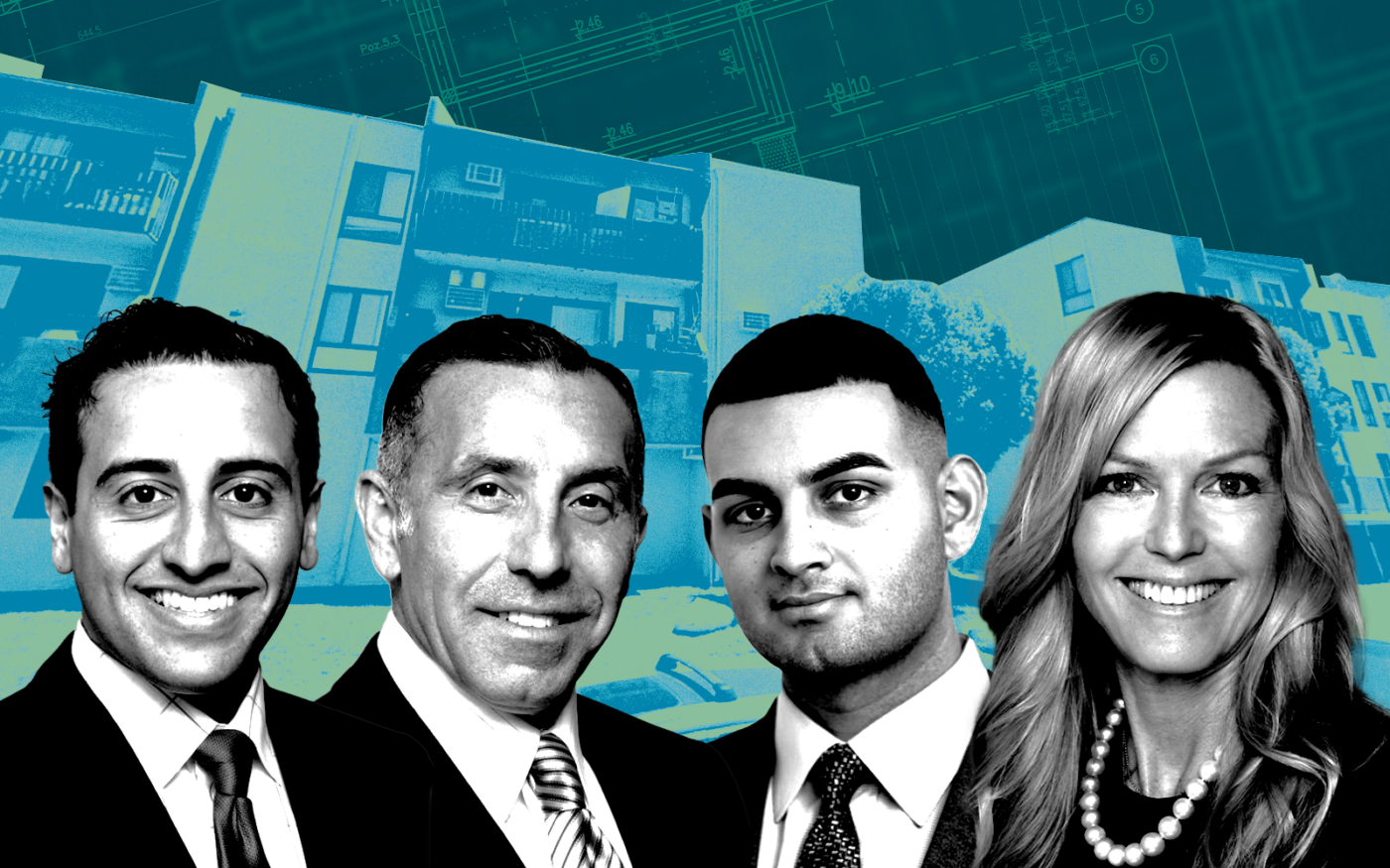 <p>A photo illustration of Marcus &#038; Millichap brokers Rabbie Banafsheha, Tony Azzi, Arteen Zahiri and Kristen Sullivan along with the Midtown Apartment Homes at 9010 Tobias Avenue (Getty, Marcus &#038; Millichap, Google Maps)</p>
