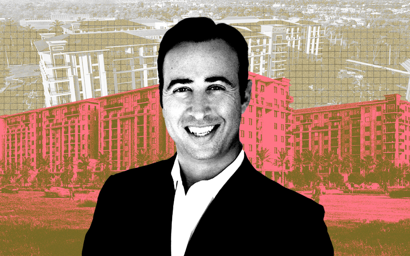 <p>A photo illustration of 13th Floor Investments&#8217; Arnaud Karsenti along with renderings of the Boca Village apartment project at 680 West Yamato Road in Boca Raton (Getty, Corwil Architects, 13th Floor Investments)</p>
