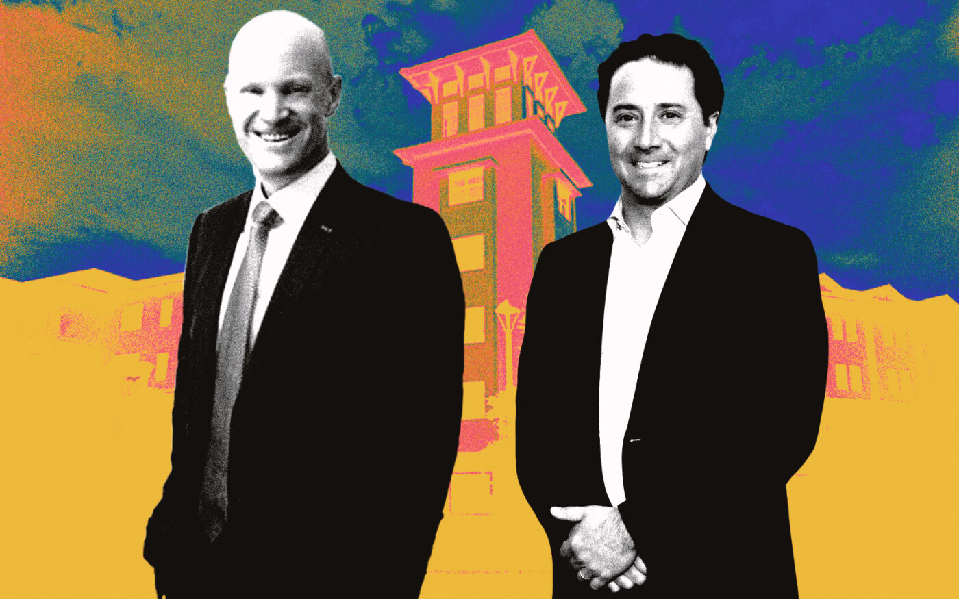 A photo illustration of buyer AEW Capital Management CEO Jonathan Martin and seller Ares Management CEO Michael Arougheti along with the Wellington Bay senior living rental complex at 2590 Wellington Bay Drive in Wellington (Getty, AEW Capital Management, Ares Management, Google Maps)