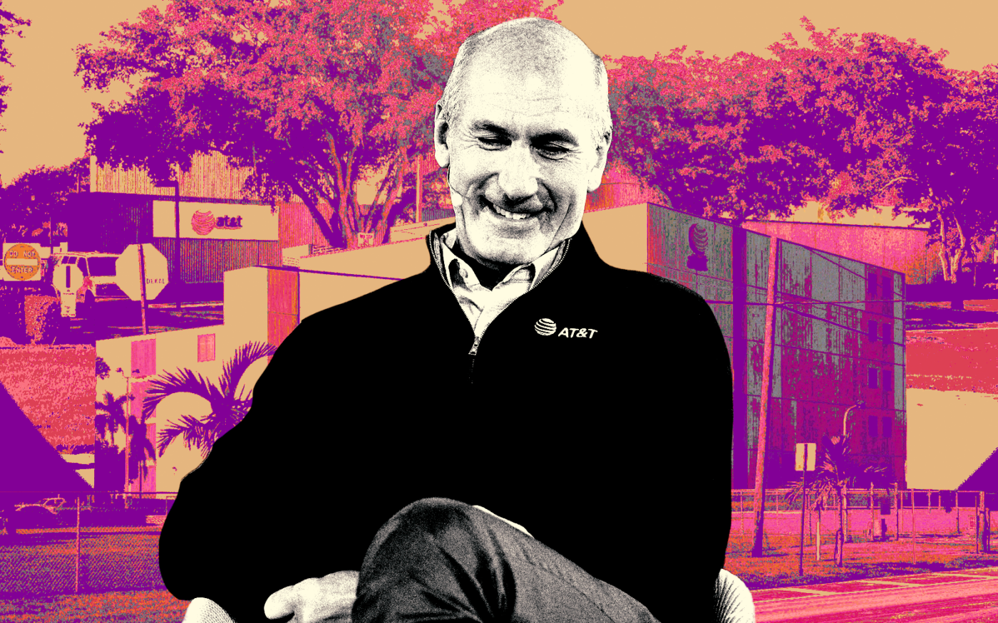 A photo illustration of AT&T CEO John Stankey along with 460 NE 215th Street in Miami and 8600 W. Oakland Park Blvd in Sunrise (Getty, LoopNet, Google Maps)