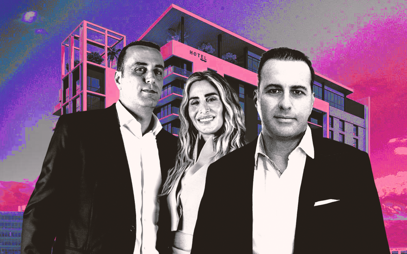 <p>A photo illustration of BH Group&#8217;s Isaac and Liat Toledano and Prime Group CEO Larry Abbo along with a rendering of the planned hotel at 804 South Federal Highway in Hallandale Beach (Getty, BH Group, Prime Group, Prime Design Associates)</p>
