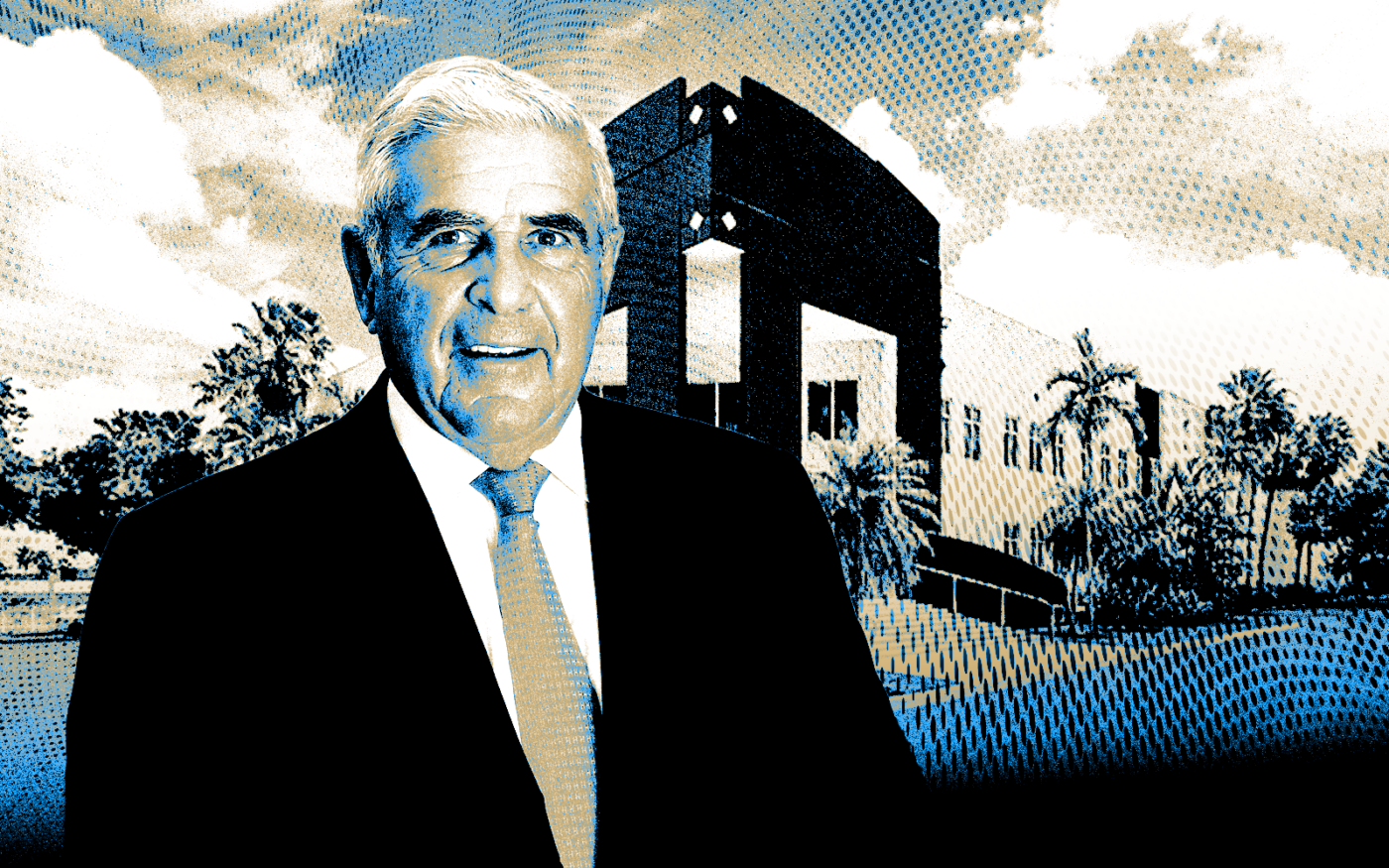 <p>A photo illustration of Easton Group’s Ed Easton along with the warehouse at 9880 NW 25 Street in Doral (Getty, Easton Group, Google Maps)</p>
