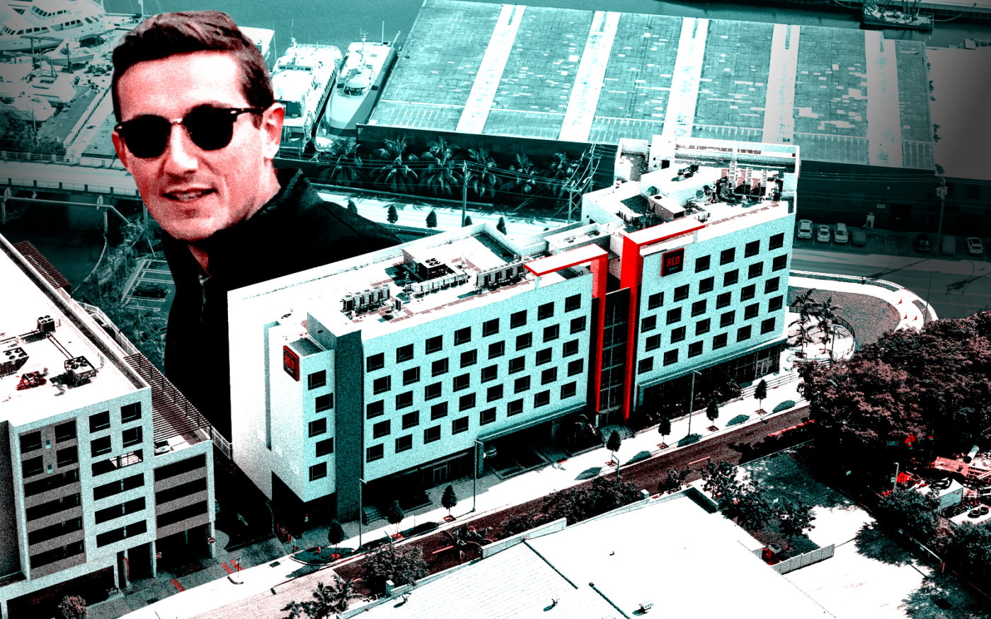 <p>A photo illustration of Kapstones CEO Marc Gagliardi along with the Radisson RED Miami Airport at 3401 Northwest 25th Street in Miami (Getty, LoopNet, Kapstones)</p>
