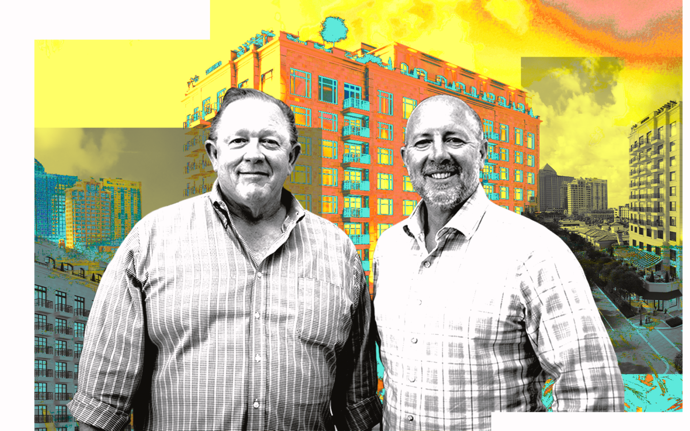 A photo illustration of Steve Hudson and Charlie Ladd along with a rendering of The Whitfield Las Olas development in Fort Lauderdale (Getty, The Whitfield Las Olas)