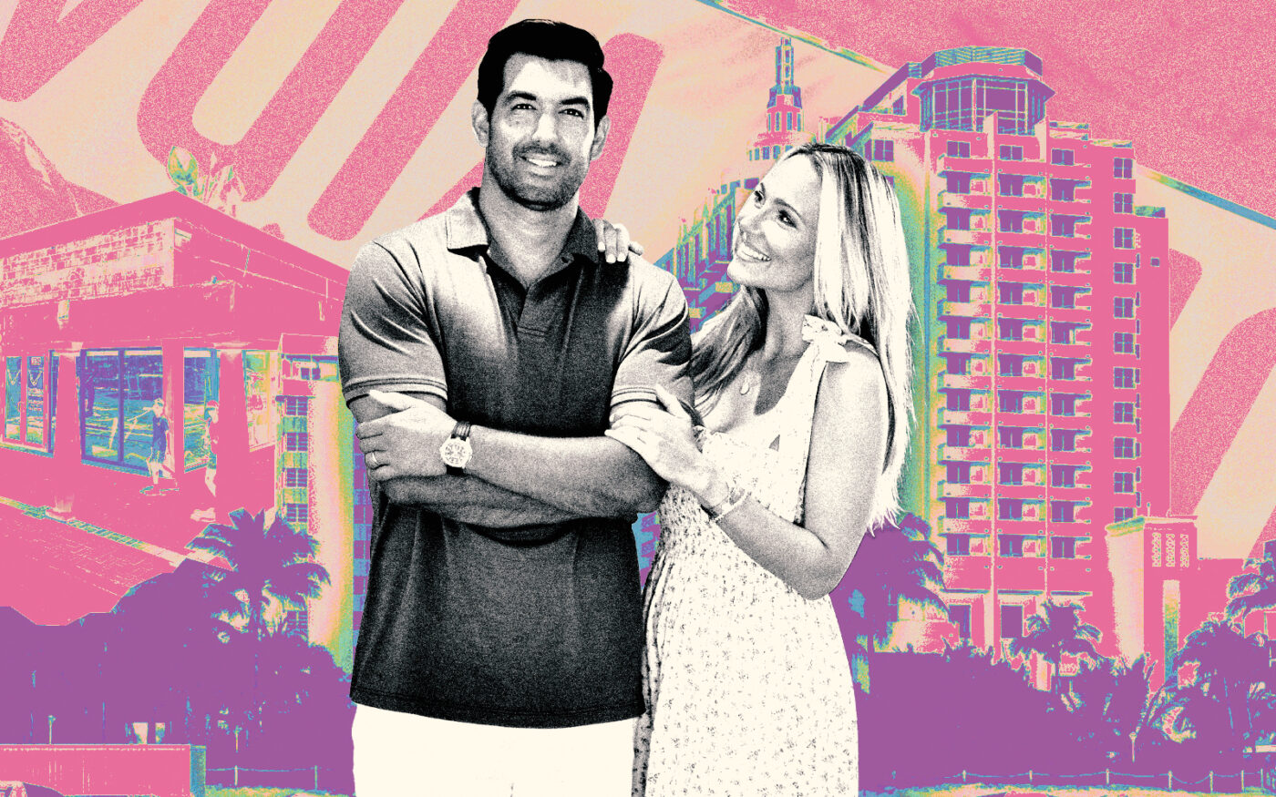 A photo illustration of Pura Vida Miami owners Omer and Jennifer Horev along with the properties at 1601 Collins Avenue in Miami Beach and 1350 SE 17th Street in Fort Lauderdale (Getty, Pura Vida Miami, Loews Hotels, Google Maps)