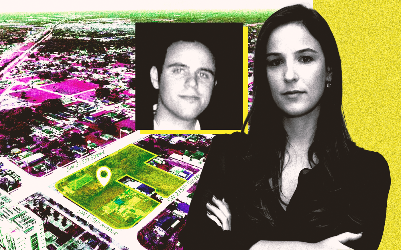 <p>A photo illustration of Monceau Real Estate’s Adrien and Sarah Haccoun along with the dev site at 1905 and 11915 Southwest 216th Street in Miami-Dade County’s Goulds neighborhood (Getty, LinkedIn, LoopNet)</p>
