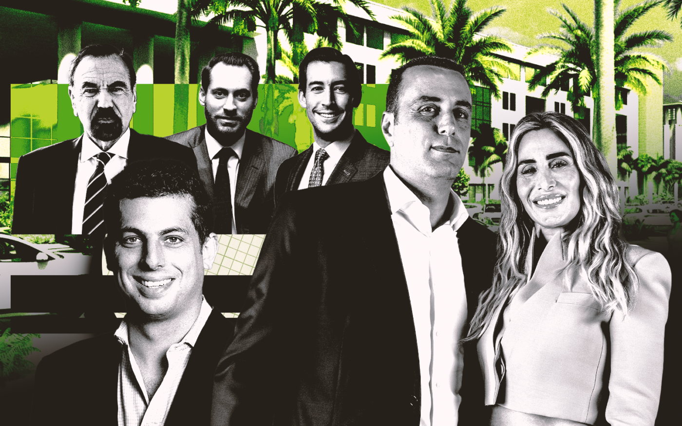 <p>A photo illustration of Related Group’s Jorge, Nick and Jon Paul Pérez; Pebb Enterprises’ Ian Weiner; BH Group’s Isaac and Liat Toledano; and a rendering of the planned Office Depot mixed-use building in Boca Raton (Getty, Related Group, Pebb Enterprises, BH Group)</p>
