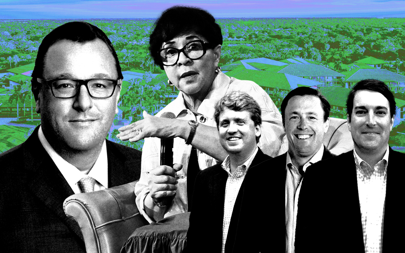 <p>A photo illustration of Henderson Park CEO Nick Weber, Salamander CEO Sheila Johnson and South Street Partners’ Patrick Melton, Jordan Phillips and Chris Randolph along with an aerial shot of the PGA National Resort at 400 Avenue of Champions in Palm Beach Gardens (Getty, Henderson Park, Salamander, PGA National Resort, South Street Partners)</p>
