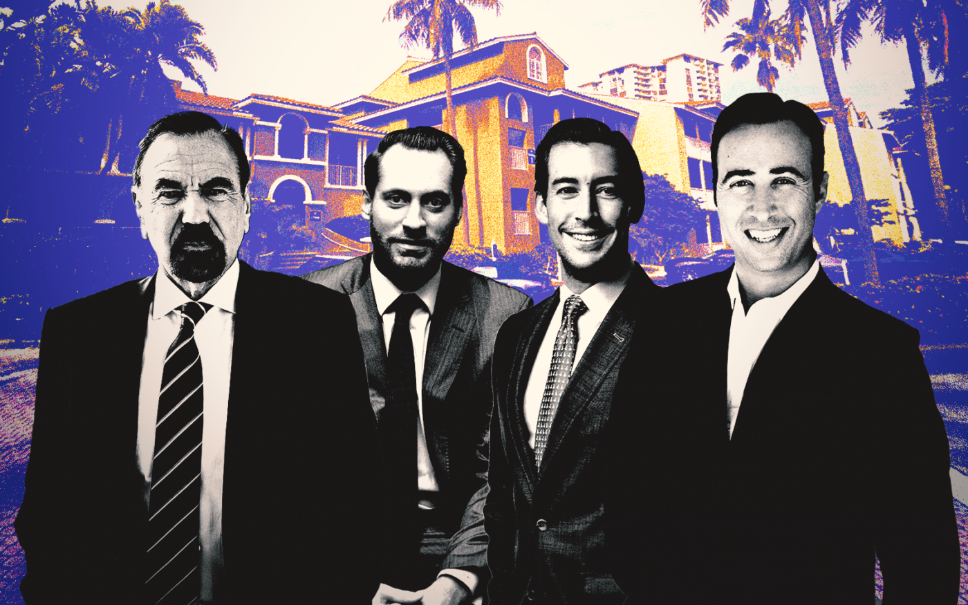 A photo illustration of Related Group's Jorge, Jon Paul and Nick Pérez and 13th Floor Investments' Arnaud Karsenti along with the ARIUM Lincoln Pointe apartment complex in Aventura (Getty, Related Group, 13th Floor Investments, Google Maps)