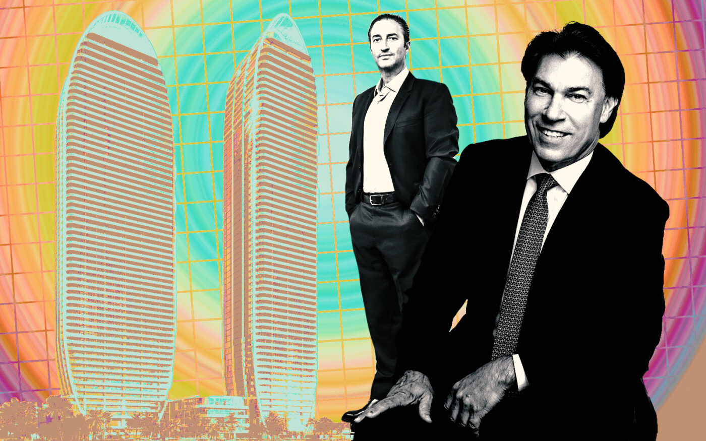 A photo illustration of Manuel Grosskopf and Edgardo Defortuna along with a rendering of the St. Regis Residences in Sunny Isles Beach (Getty, Fortune International Group, Binyan)