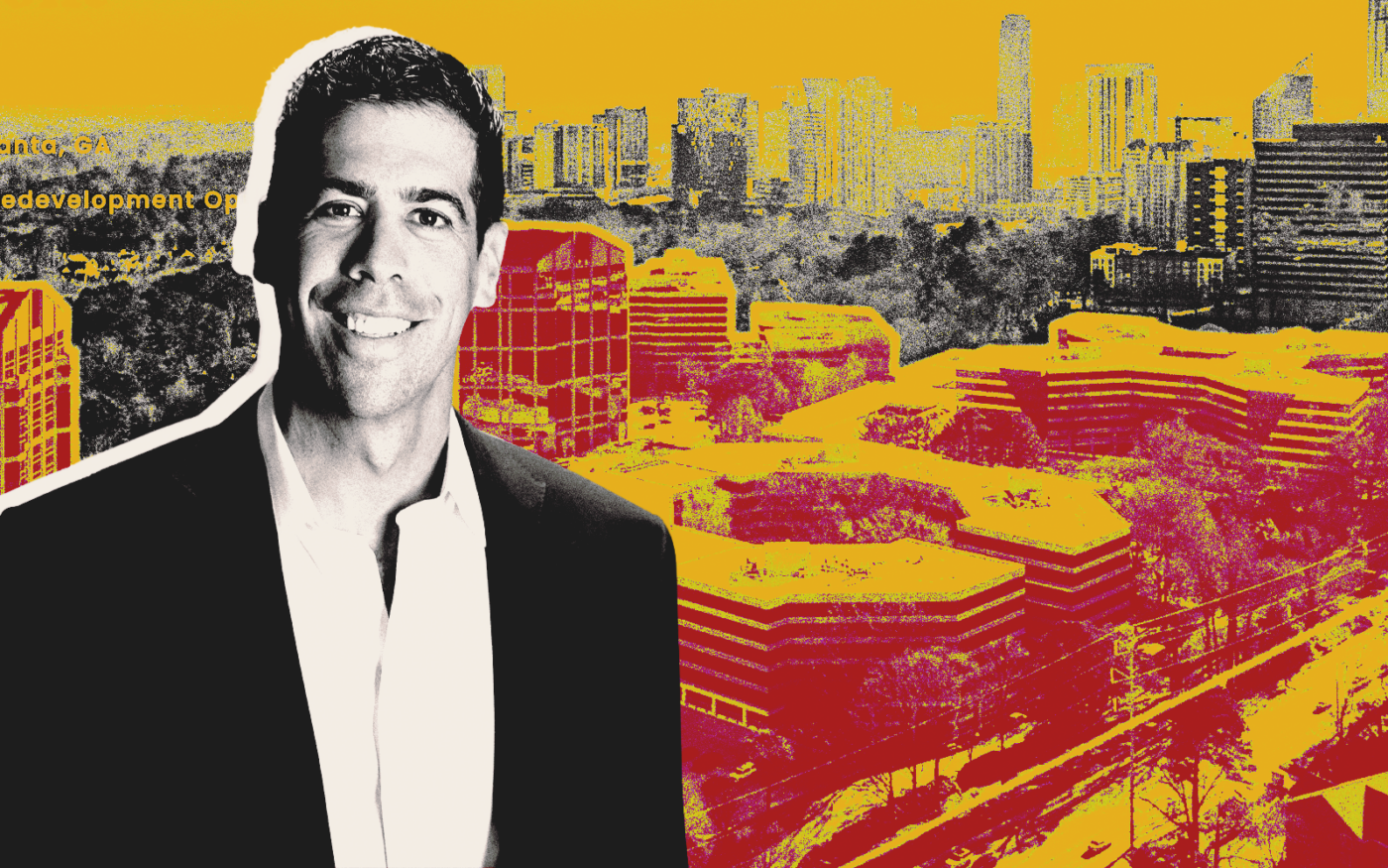 <p>A photo illustration of Ardent Companies CEO Matt Shulman along with an aerial view of Piedmont Center at 1071 Piedmont Avenue Northeast in Buckhead (Getty, The Ardent Companies/Aiva Genys, JLL)</p>
