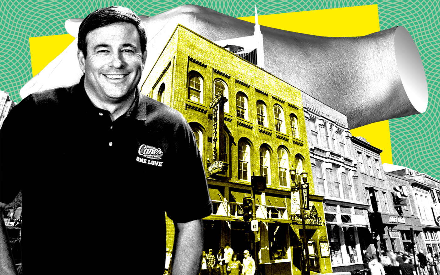 <p>A photo illustration of Raising Cane’s founder Todd Graves along with the Margaritaville building at 322 Broadway in Nashville (Getty, Raising Cane&#8217;s, Google Maps)</p>
