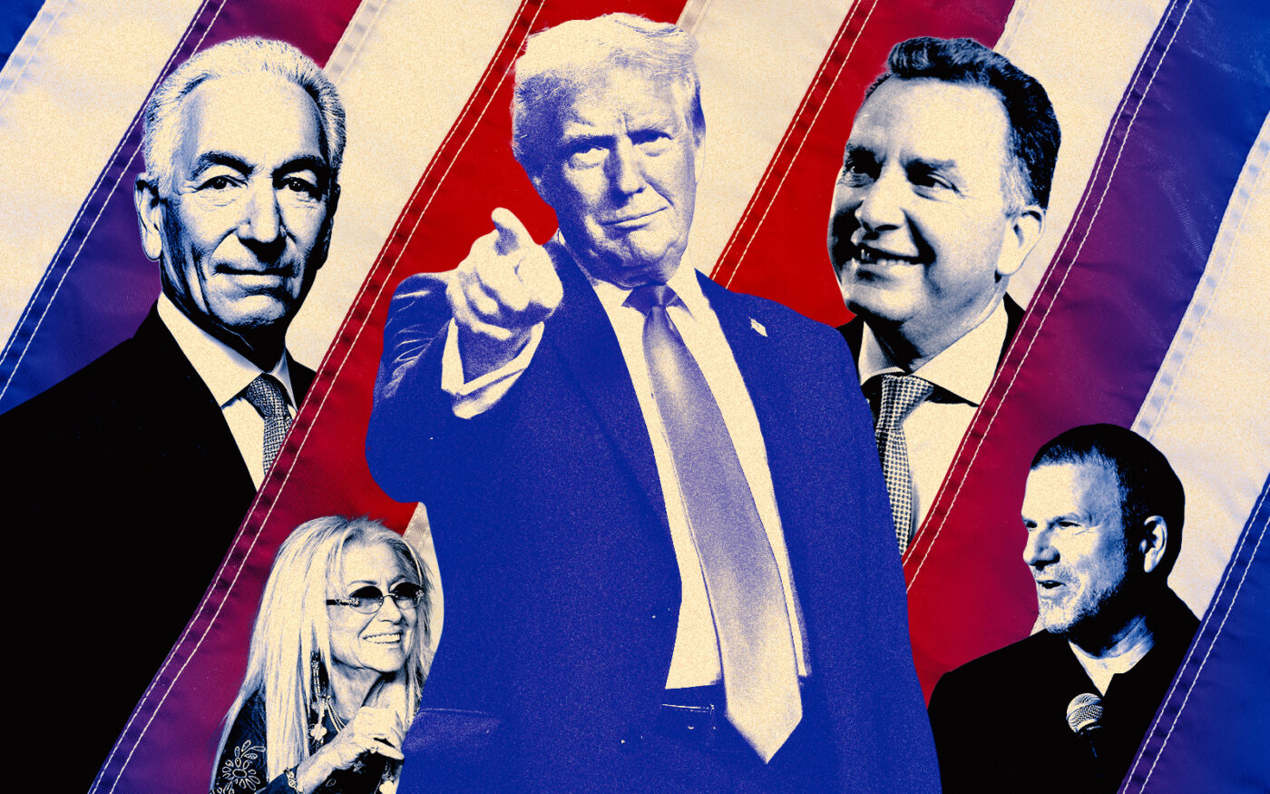 Charles Kushner, Miriam Adelson, president-elect Donald Trump, Steve Witkoff and Tilman Fertitta (Photo Illustration by Steven Dilakian for The Real Deal with Getty)