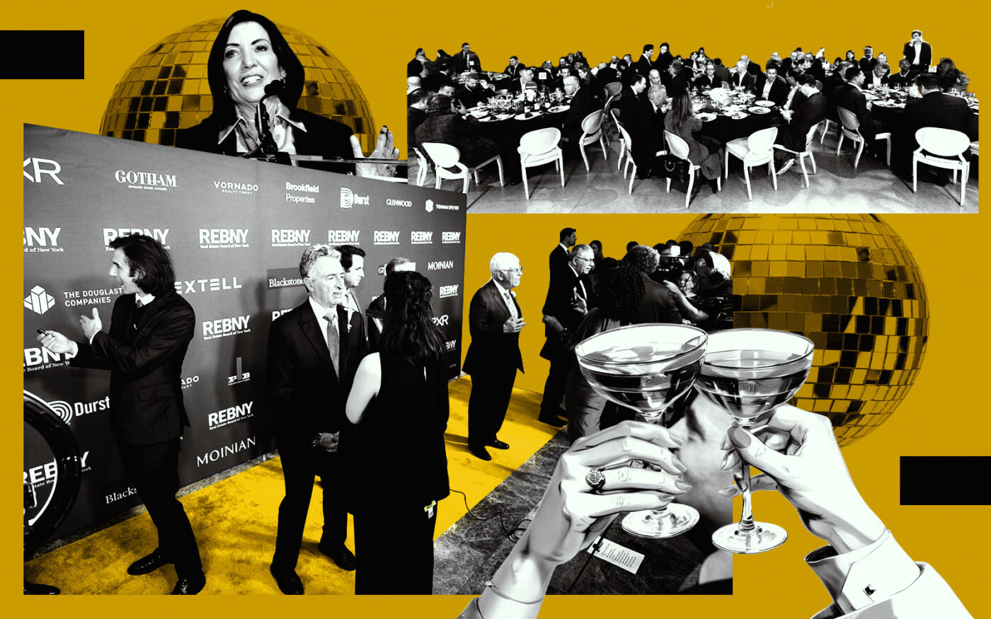 <p>A photo illustration of scenes from the Real Estate Board of New York’s 129th Annual Gala (Getty, ©Jill Lotenberg for REBNY)</p>
