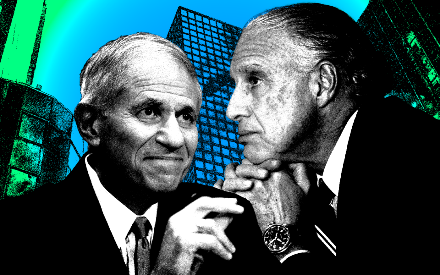 A photo illustration of FDIC chair Martin Gruenberg and Edward J. Minskoff along with 1166 Sixth Avenue (Getty, By Americasroof at English Wikipedia, CC BY-SA 3.0 - via Wikimedia Commons)