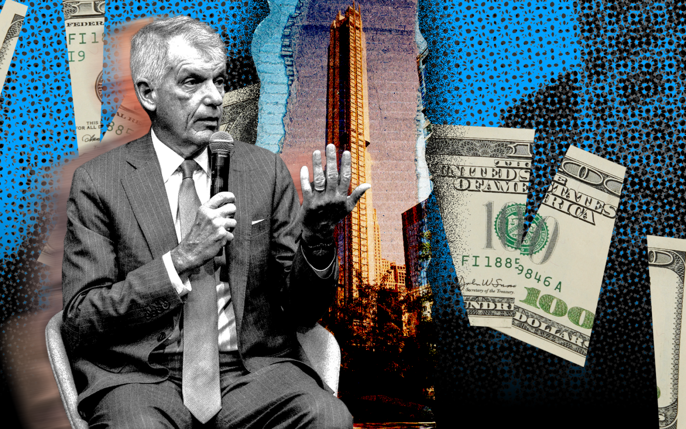 <p>A photo illustration of Fortress Investment Group&#8217;s Tim Sloan along with 125 Greenwich (Getty, LinkedIn/Fortress Investment Group, Jim.henderson, CC BY 4.0 &#8211; via Wikimedia Commons)</p>
