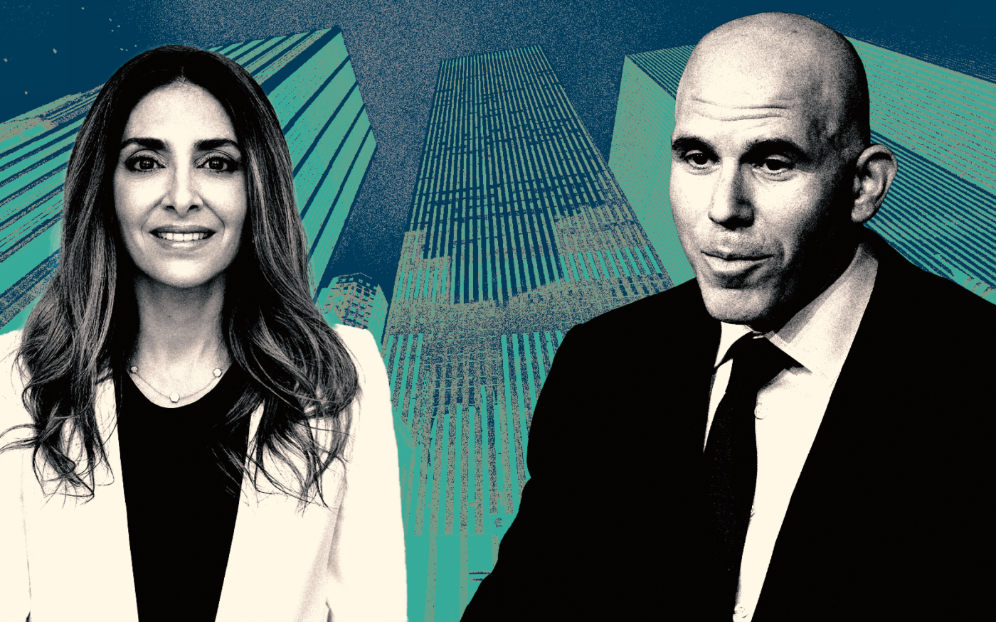 <p>A photo illustration of CDPQ Head of Real Estate Rana Ghorayeb and RXR chair Scott Rechler along with 1211 Sixth Avenue (Getty, CDPQ, RXR, Google Maps)</p>
